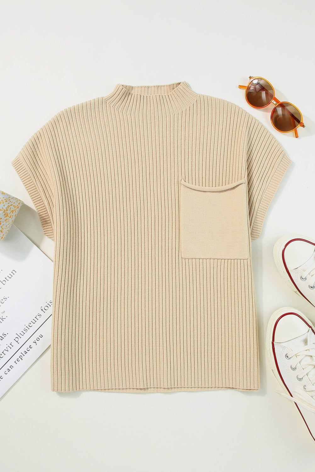 BerryBetty - Oatmeal Patch Pocket Ribbed Knit Short Sleeve Sweater