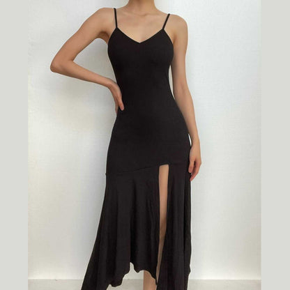 BerryBetty - Slit v neck solid irregular ruched cami maxi dress