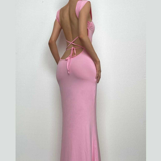 BerryBetty - Backless sleeveless lace up self tie solid maxi dress