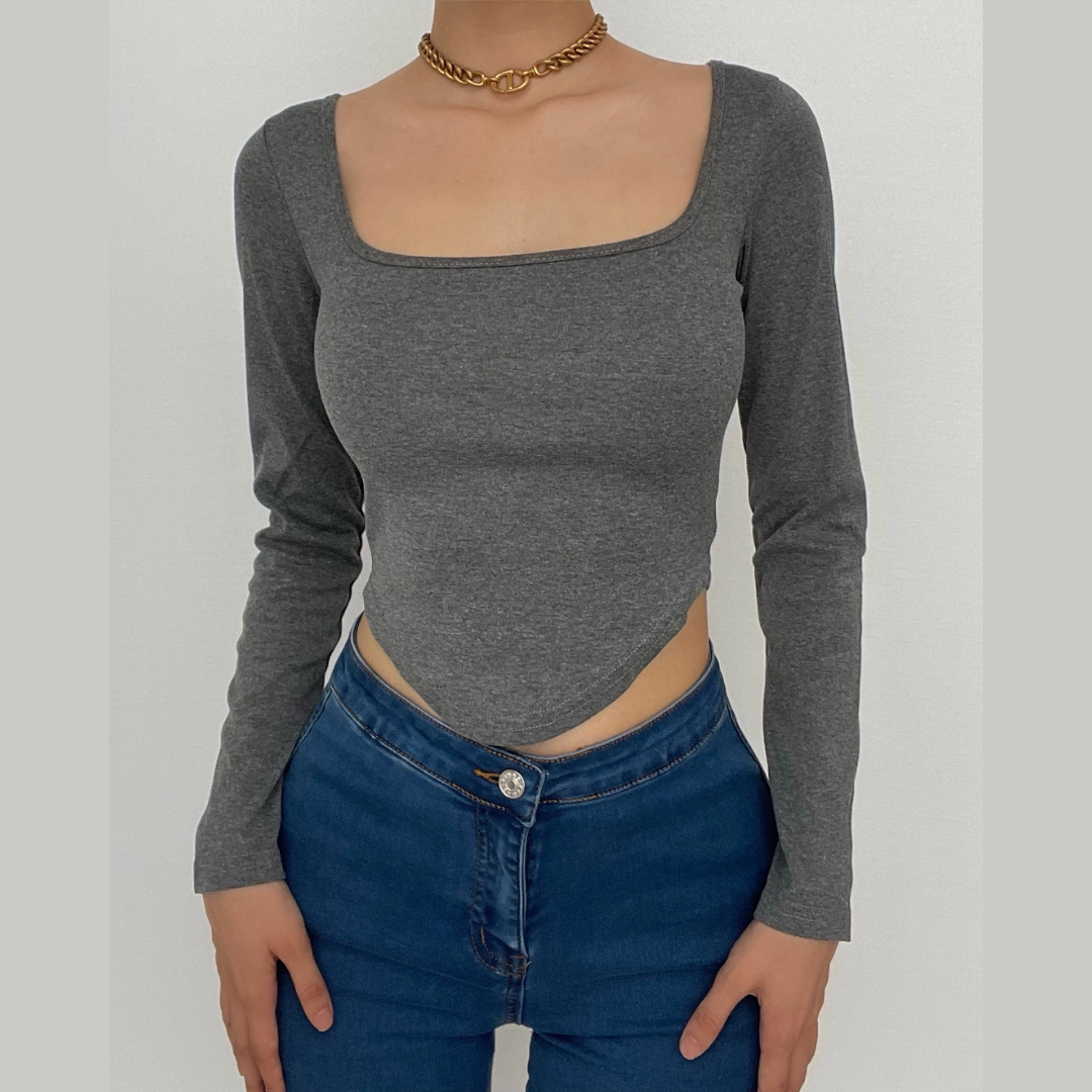 BerryBetty - Long sleeve solid square neck crop top