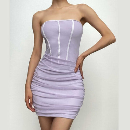 BerryBetty - Corset contrast ruched mesh backless tube mini dress