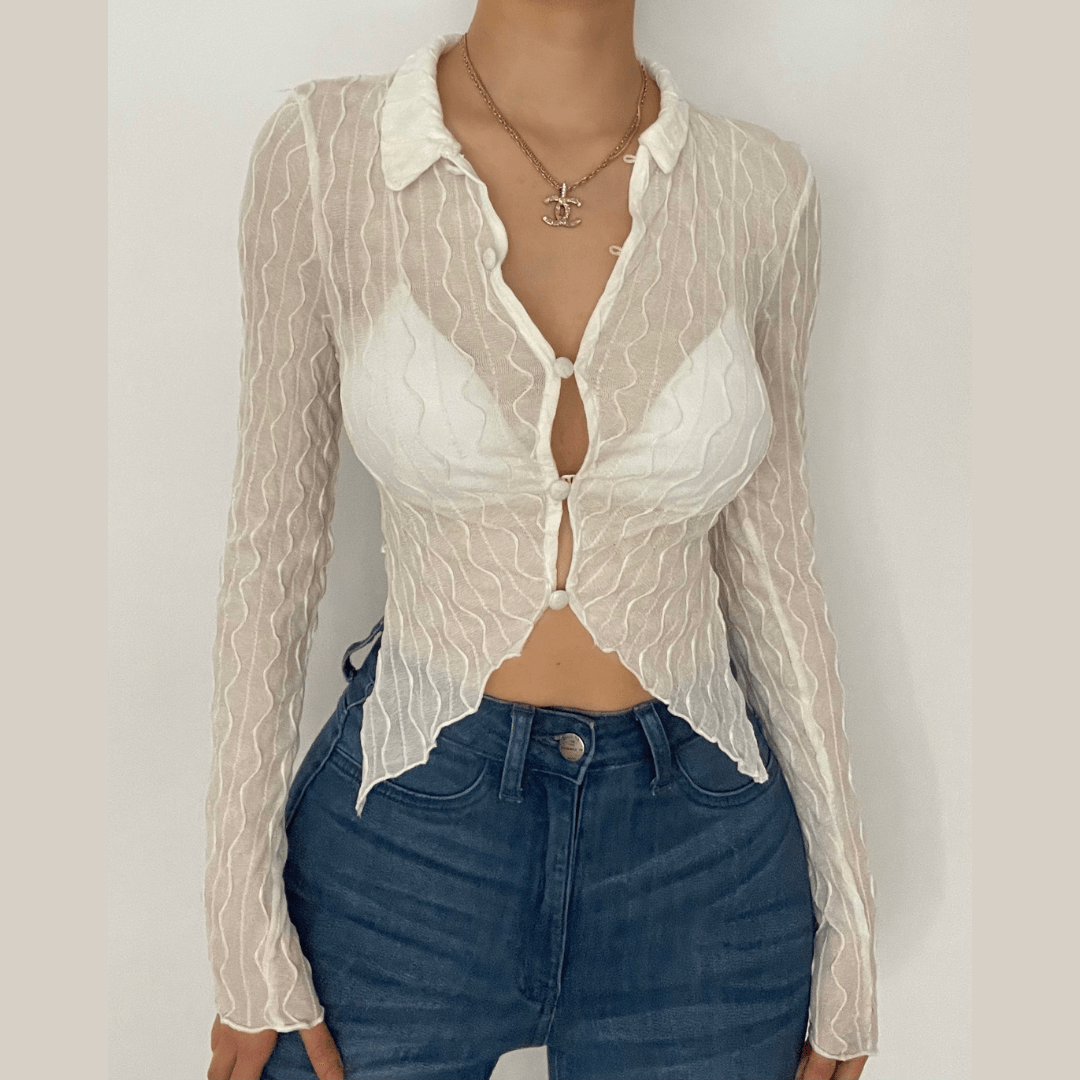 BerryBetty - Ruffled mesh turnover collar buttoned crop top