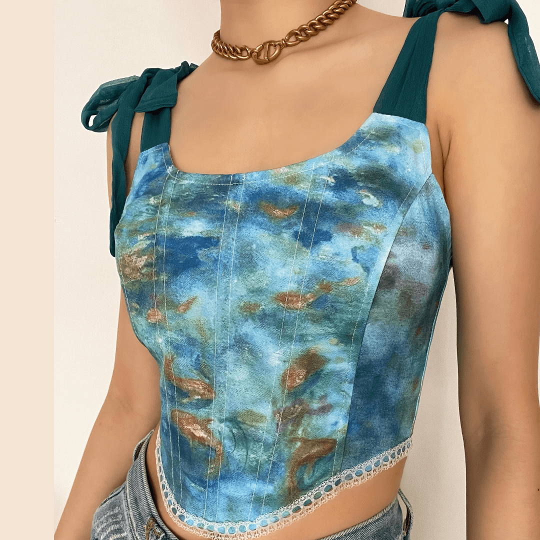 Print lace up back self tie strap bustier crop top - Halibuy