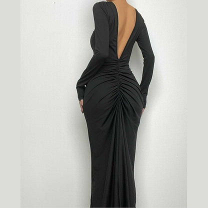 BerryBetty - Ruched long sleeve v neck solid 2-way maxi dress