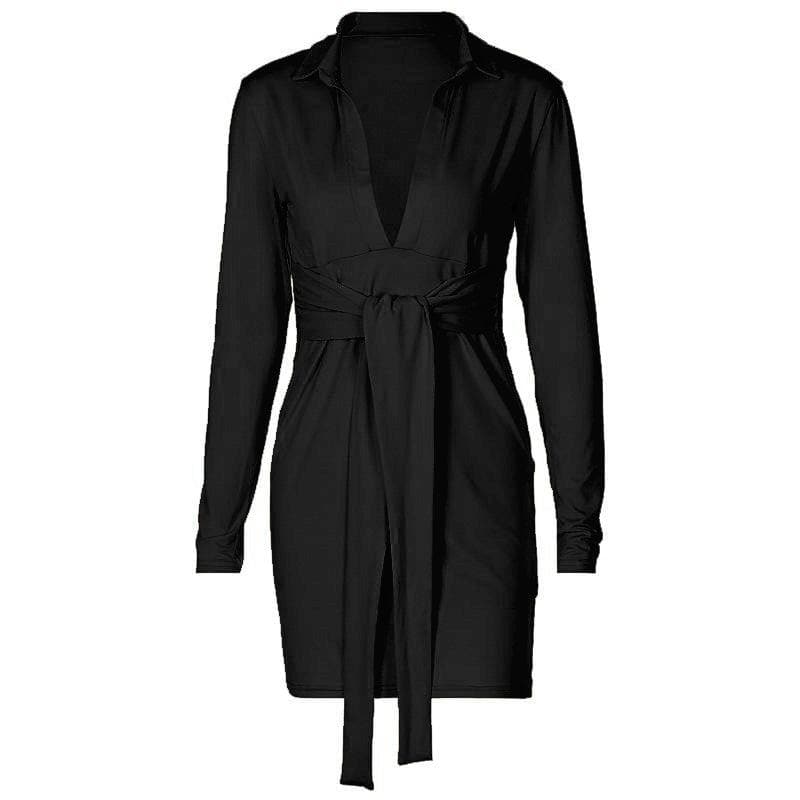 Long sleeve deep v neck turnover collar mini dress - Halibuy