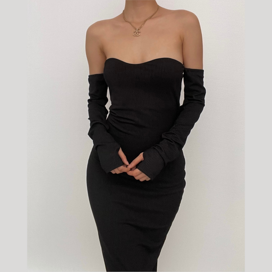 BerryBetty - Long sleeve solid ribbed off shoulder backless tube dress