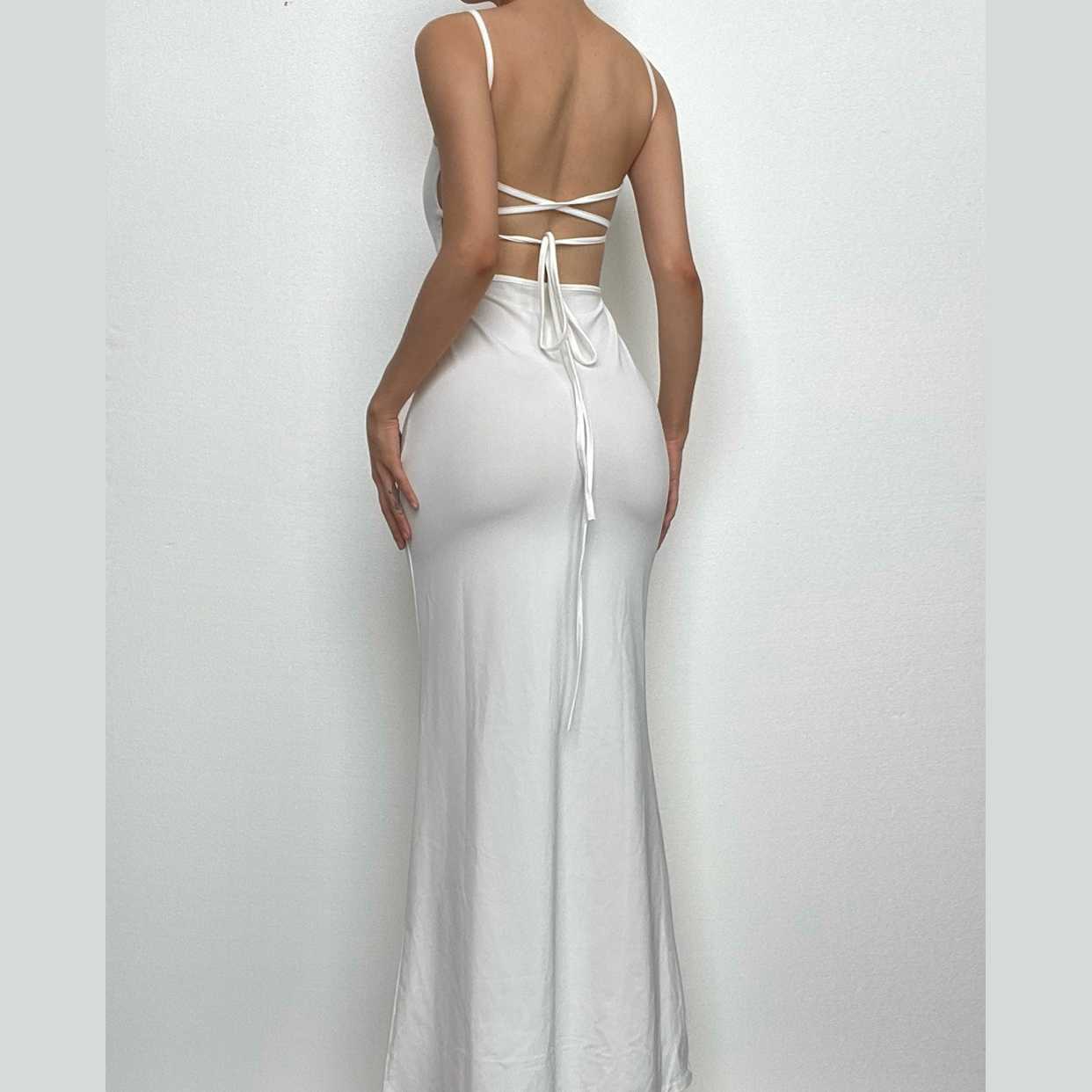 BerryBetty - Backless hollow out low cut self tie solid cami maxi dress