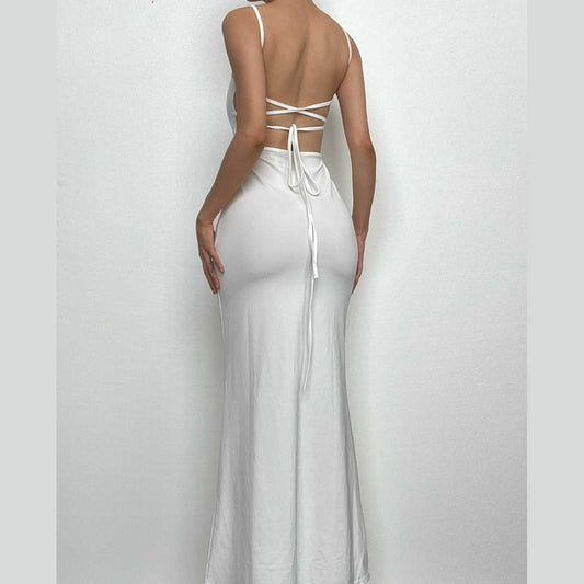 BerryBetty - Backless hollow out low cut self tie solid cami maxi dress