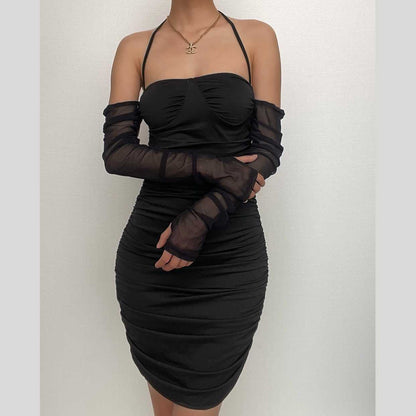 BerryBetty - Mesh solid gloves halter off shoulder backless ruched mini dress