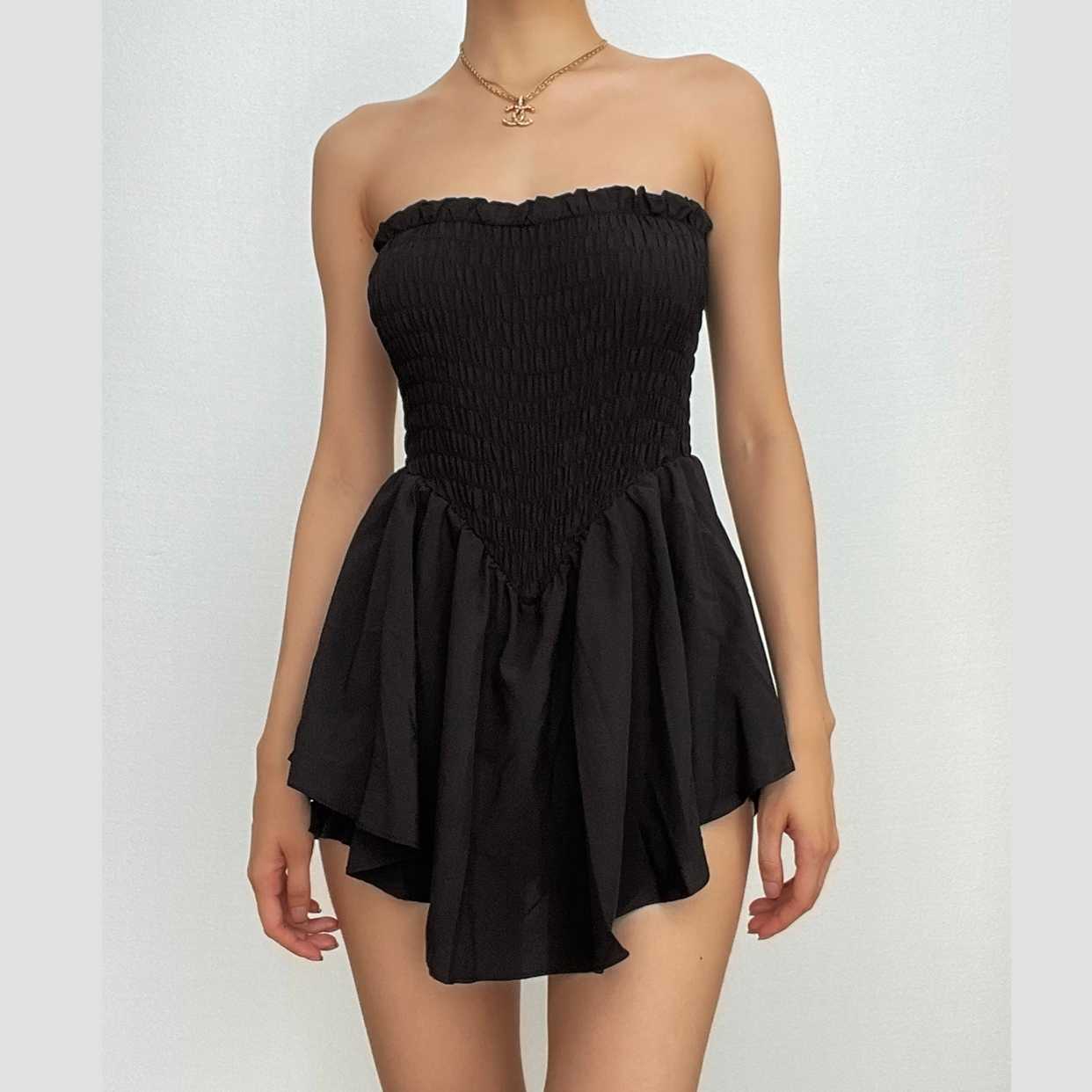 BerryBetty - Smocked ruched solid ruffle backless tube mini dress