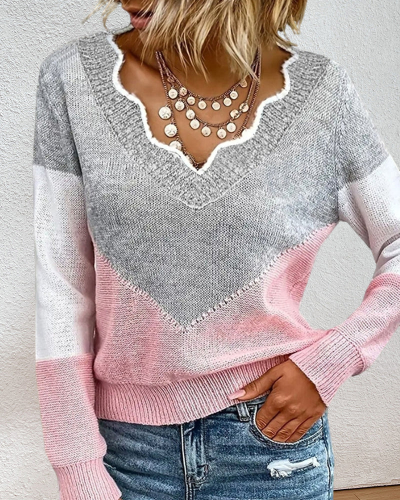 BerryBetty - V Neck Color Block Pullover