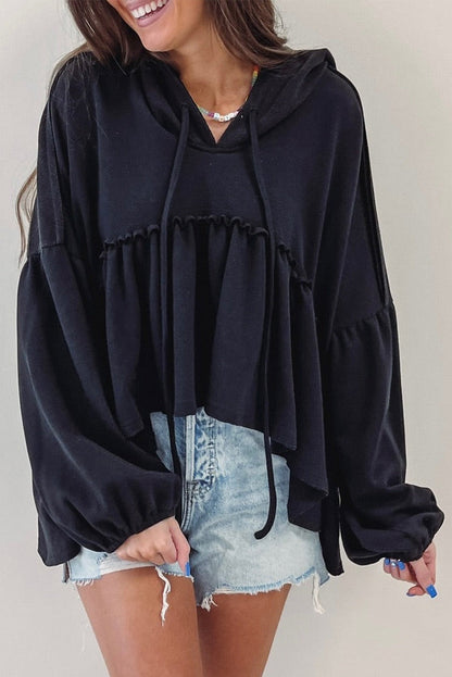 BerryBetty - Black Oversized Ruffled High Low Hem Drop Shoulder Hoodie