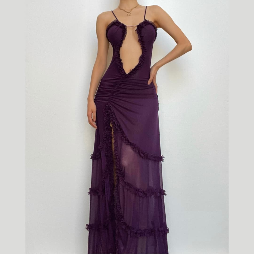 BerryBetty - Ruffle spaghetti strap irregular slit backless maxi dress