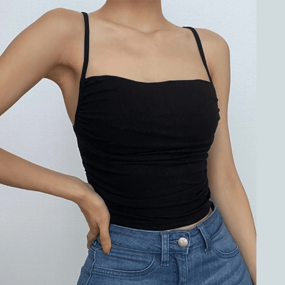 BerryBetty - Square neck ruched solid ribbed backless cami crop top