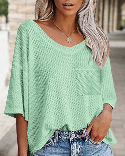 V neck pocket short sleeve t-shirt Green 23BF clothes Short Sleeve Tops Summer T-shirts Tops/Blouses