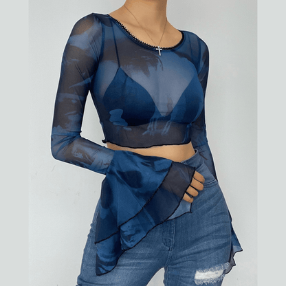 BerryBetty - Round neck sheer mesh print long sleeve crop top