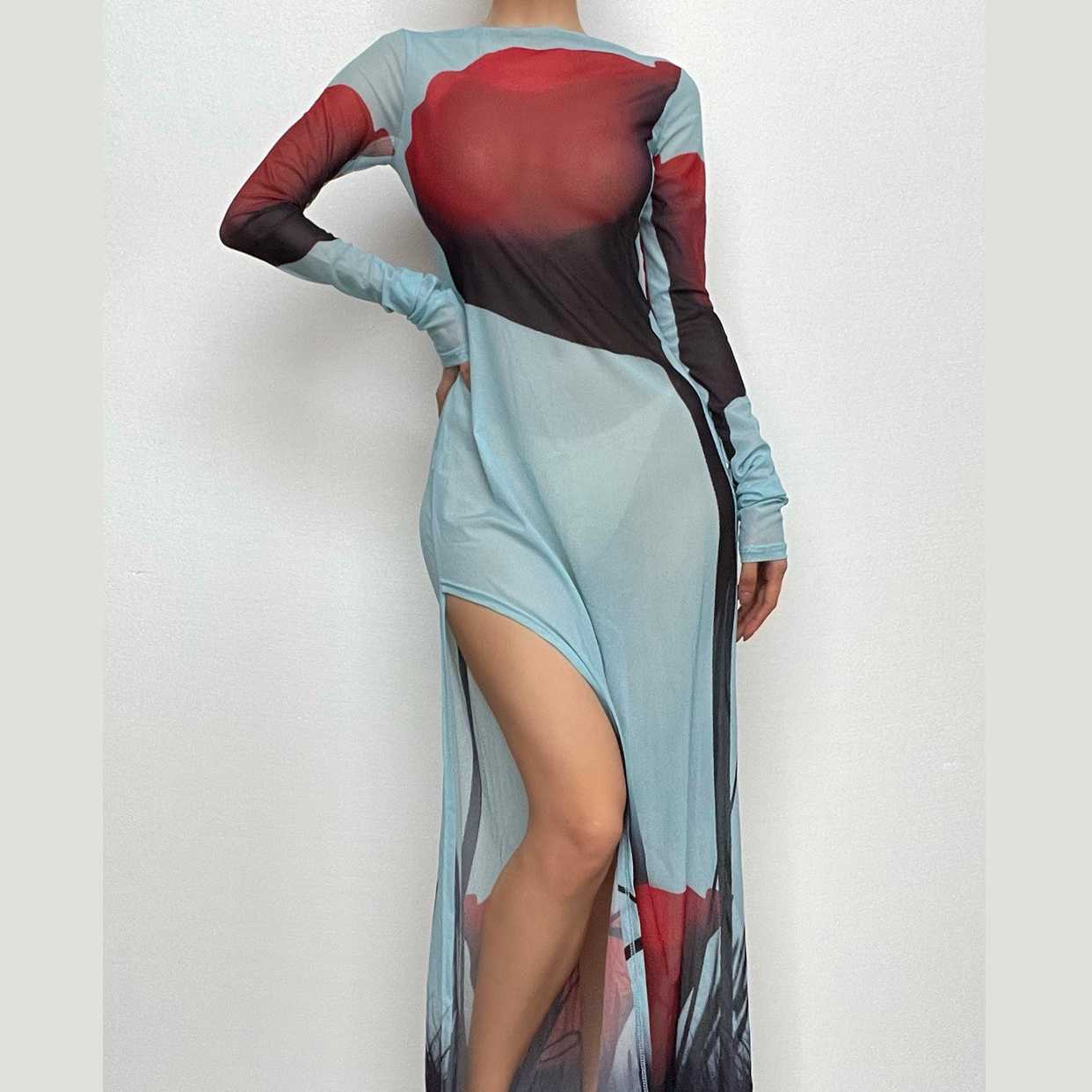 BerryBetty - Sheer mesh see through abstract contrast long sleeve slit maxi dress
