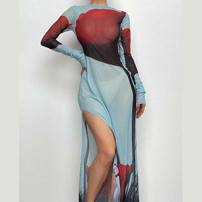 BerryBetty - Sheer mesh see through abstract contrast long sleeve slit maxi dress