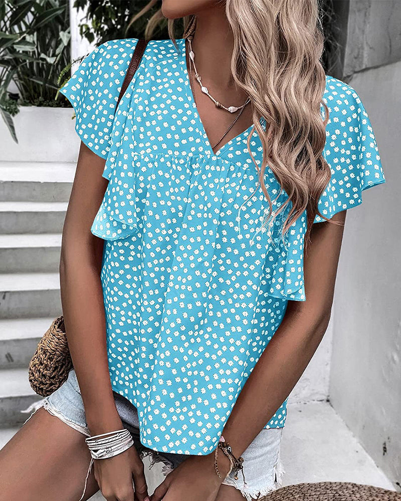 Floral Print T-shirt with Ruffle Sleeves Light blue 23BF clothes Short Sleeve Tops Spring Summer T-shirts Tops/Blouses