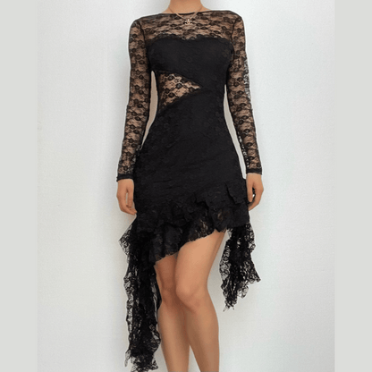 BerryBetty - Lace backless solid ruffle long sleeve irregular mini dress