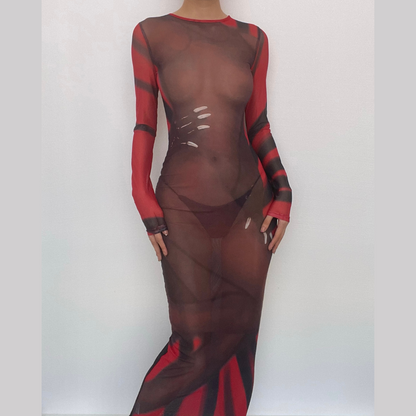 BerryBetty - Long sleeve contrast sheer mesh see through midi dress