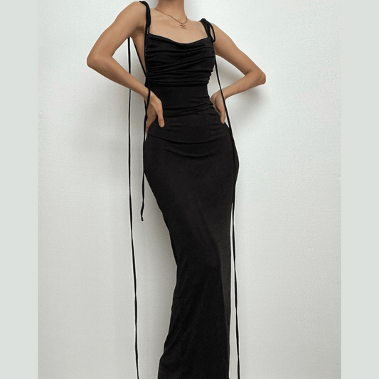 BerryBetty - Ruched solid lace up backless cowl neck maxi dress