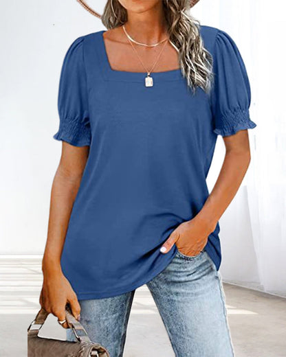 Solid Color Square Neck T-shirt Blue 23BF clothes Short Sleeve Tops Summer T-shirts Tops/Blouses