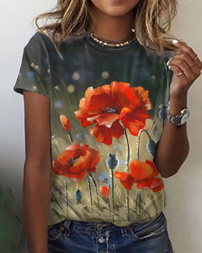 Round neck floral print short sleeve t-shirt Khaki 23BF clothes Short Sleeve Tops Summer T-shirts Tops/Blouses