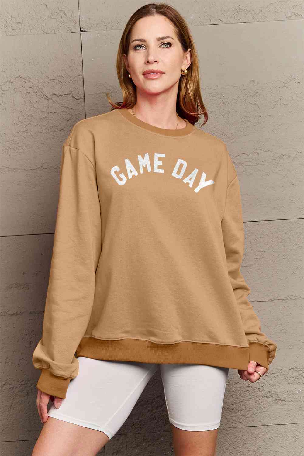 Simply Love Full Size GAME DAY Graphic Sweatshirt Tan clothes long sleeve long sleeve top Ship From Overseas Shipping Delay 09/29/2023 - 10/04/2023 Simply Love sweater sweaters Sweatshirt