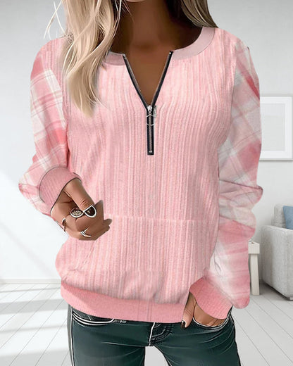 BerryBetty - Zipper plaid color block sweatshirt