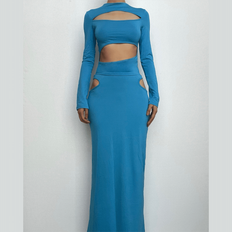 BerryBetty - Hollow out long sleeve crewneck solid maxi skirt set