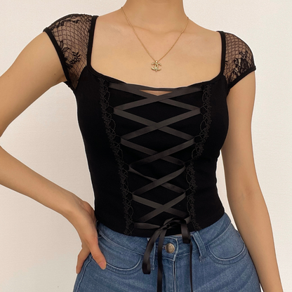 BerryBetty - Self tie lace hem square neck cap sleeve crop top