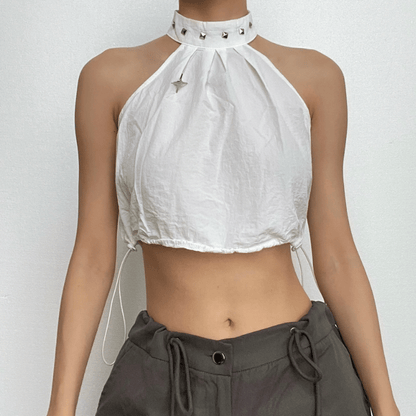 BerryBetty - Halter drawstring zip-up star applique sleeveless crop top - Final Sale