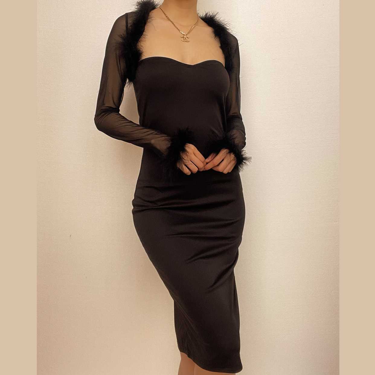 BerryBetty - Feather solid mesh long sleeve 2 piece tube midi dress