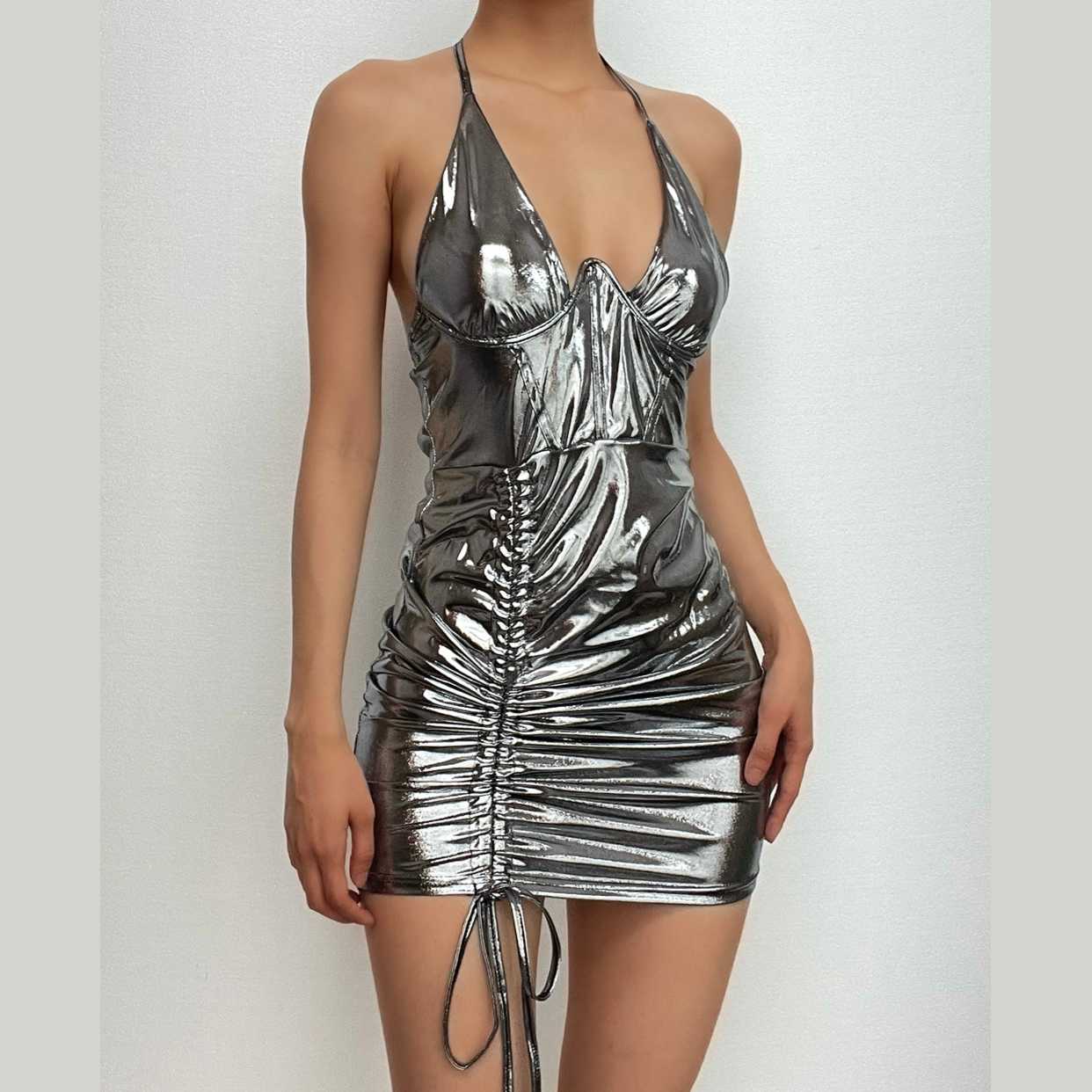 BerryBetty - Cross front drawstring low cut metallic halter solid mini dress