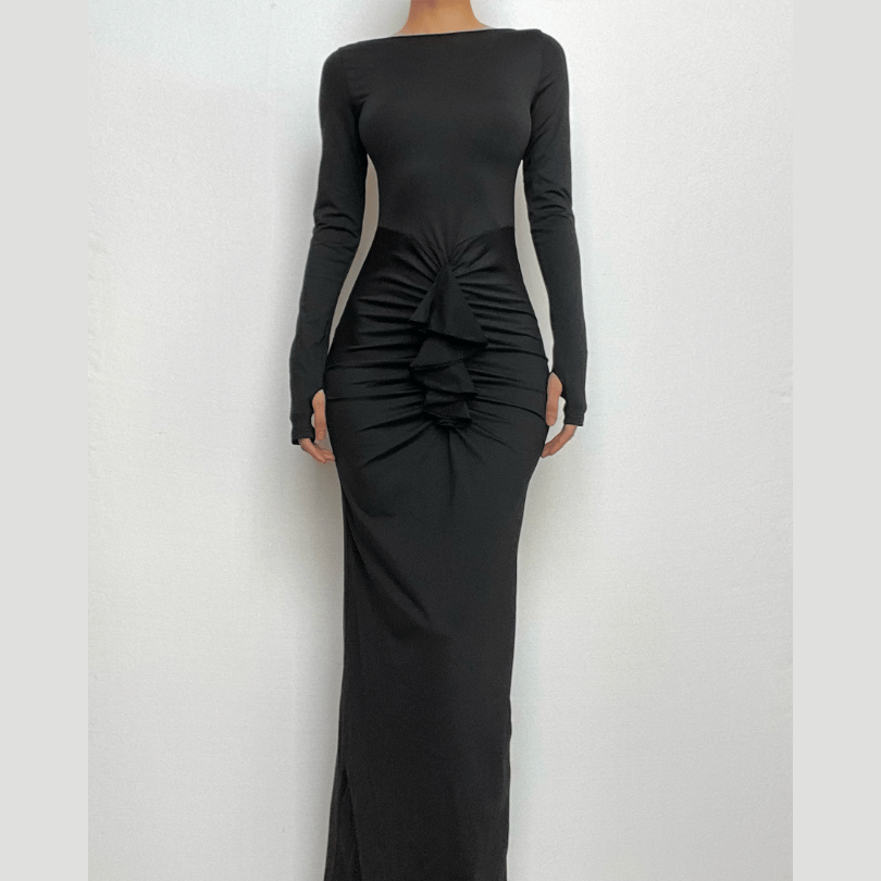 BerryBetty - Ruched long sleeve solid gloves round neck maxi dress