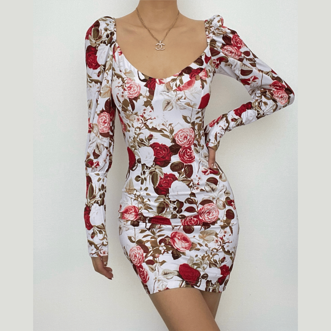 BerryBetty - Square neck long sleeve contrast flowers print mini dress