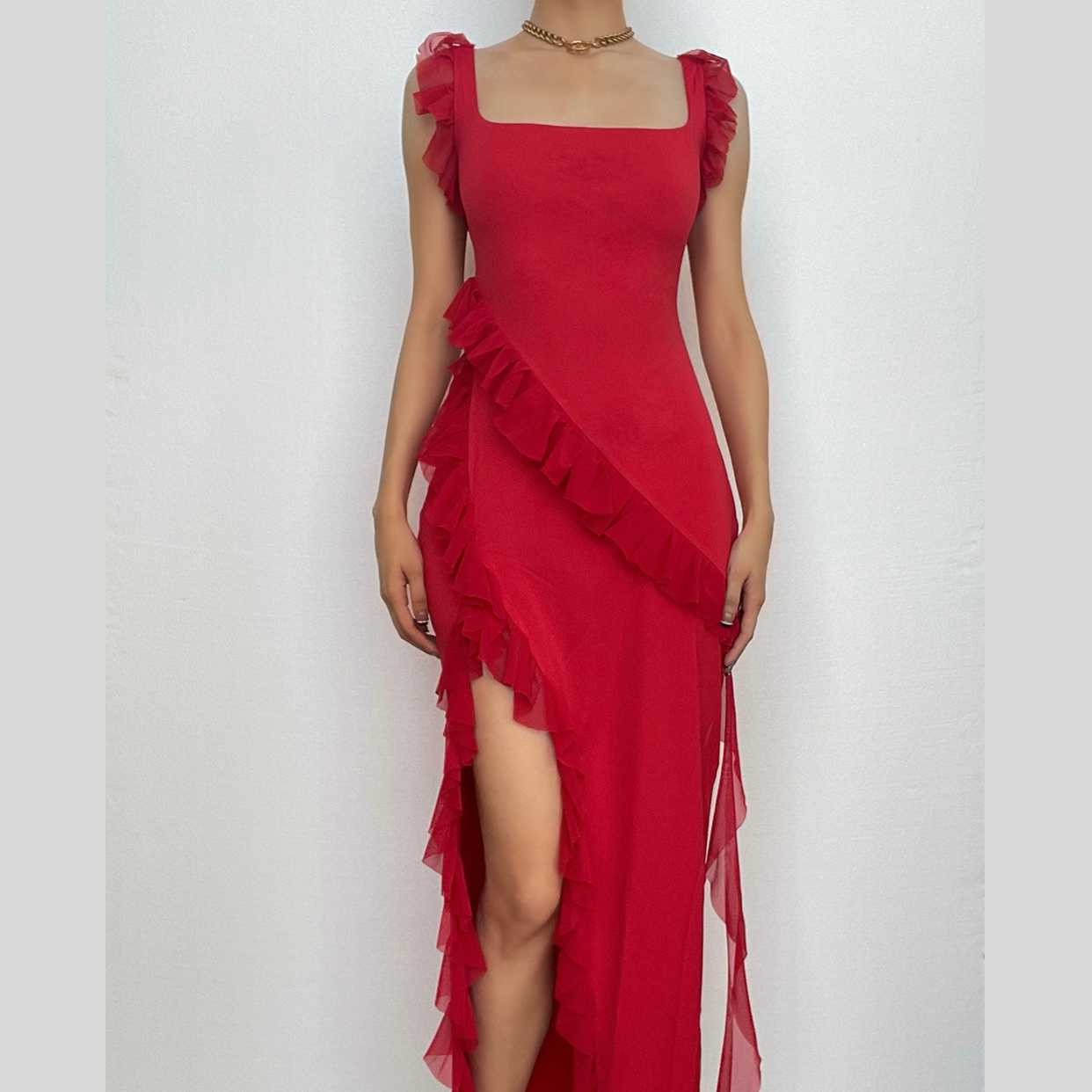 BerryBetty - Ruffle cap sleeve slit square neck irregular solid maxi dress