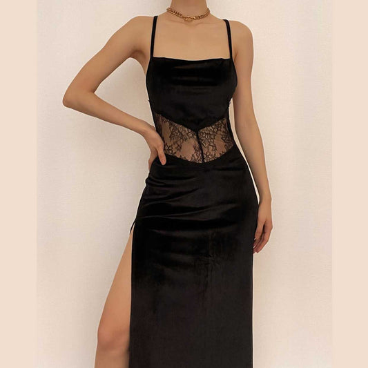 BerryBetty - Cowl neck lace hem slit backless velvet cross back midi dress