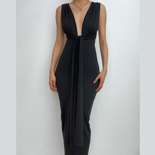 BerryBetty - Ruched backless slit ribbon v neck knotted solid maxi dress