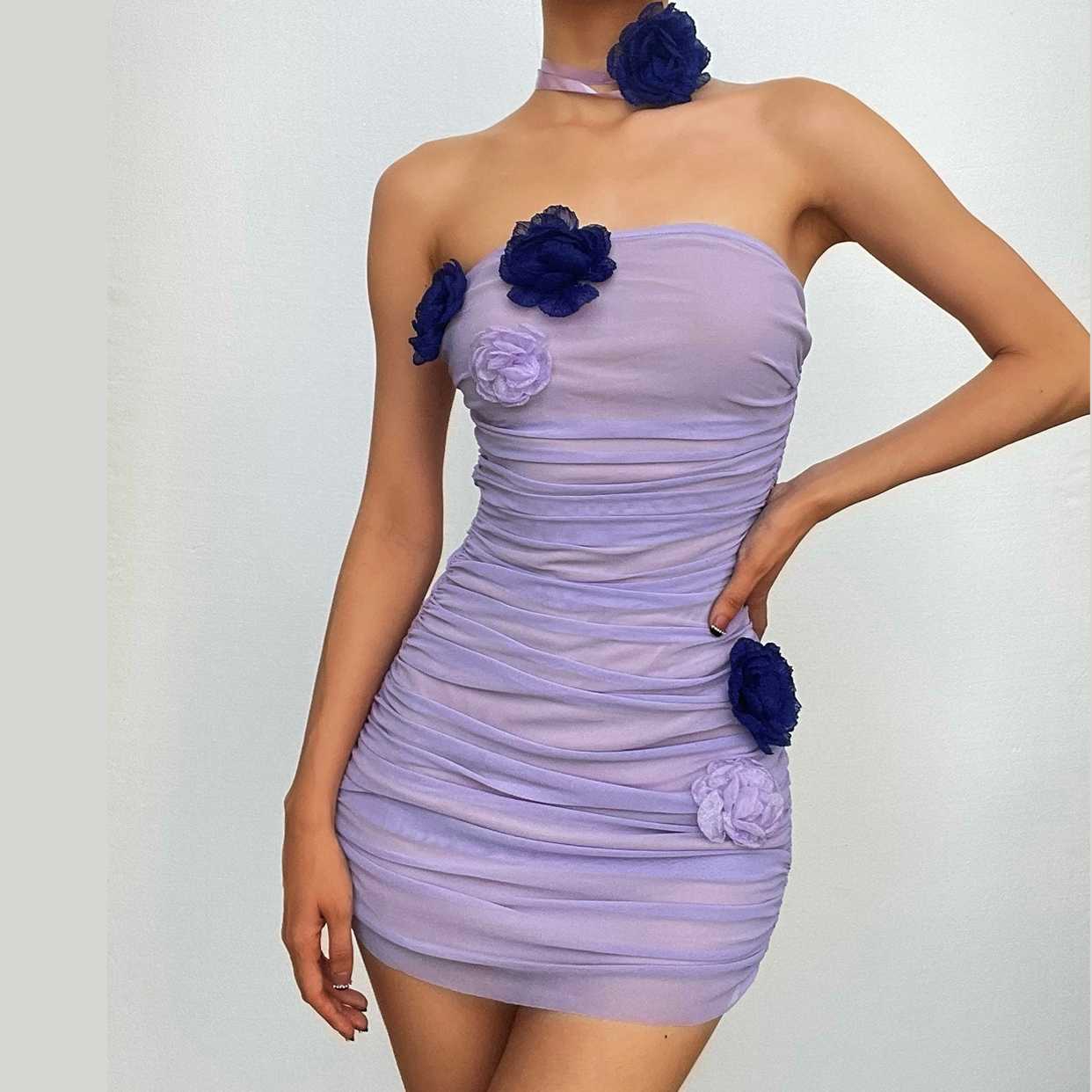 BerryBetty - Ruched mesh flower applique backless tube mini dress