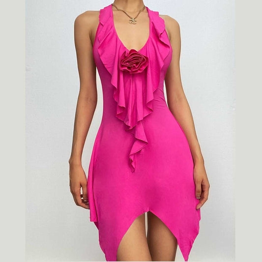 BerryBetty - Halter flower applique backless ruffle u neck solid mini dress