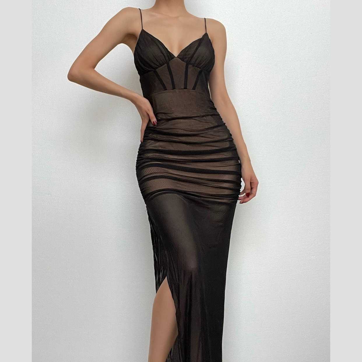 BerryBetty - Mesh v neck ruched slit zip-up spaghetti strap maxi dress