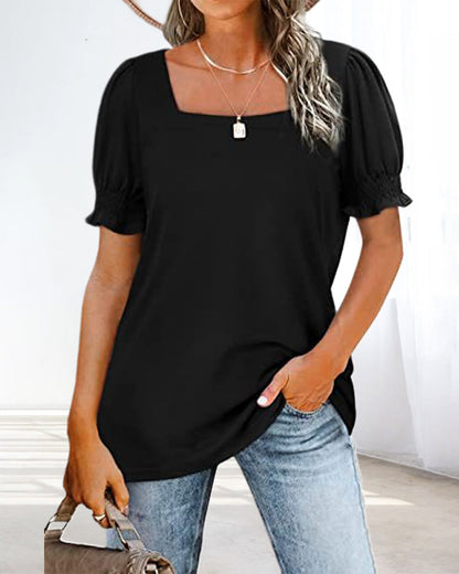 Solid Color Square Neck T-shirt Black 23BF clothes Short Sleeve Tops Summer T-shirts Tops/Blouses