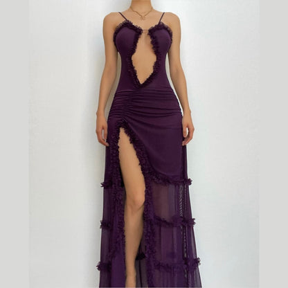 BerryBetty - Ruffle spaghetti strap irregular slit backless maxi dress