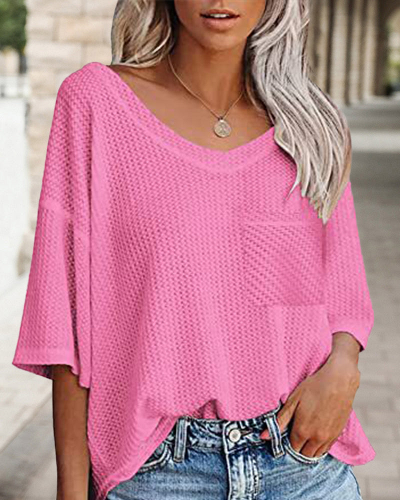 V neck pocket short sleeve t-shirt Pink 23BF clothes Short Sleeve Tops Summer T-shirts Tops/Blouses