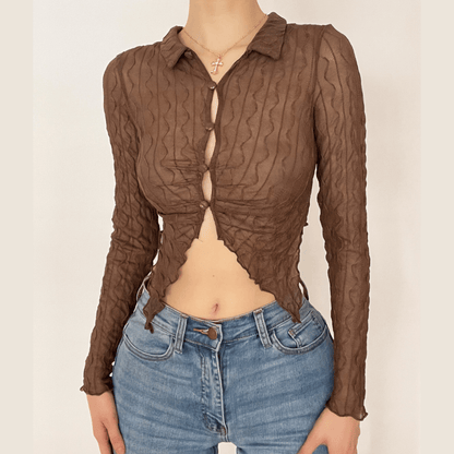 BerryBetty - Ruffled mesh turnover collar buttoned crop top