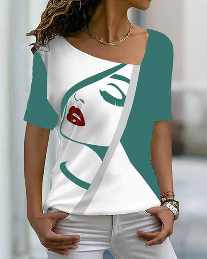 V-neck face print short-sleeved t-shirt Green 23BF clothes Short Sleeve Tops Spring Summer T-shirts Tops/Blouses