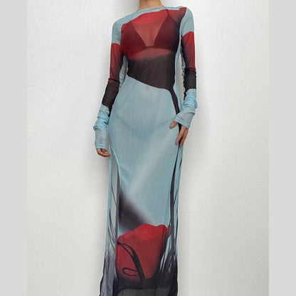 BerryBetty - Sheer mesh see through abstract contrast long sleeve slit maxi dress