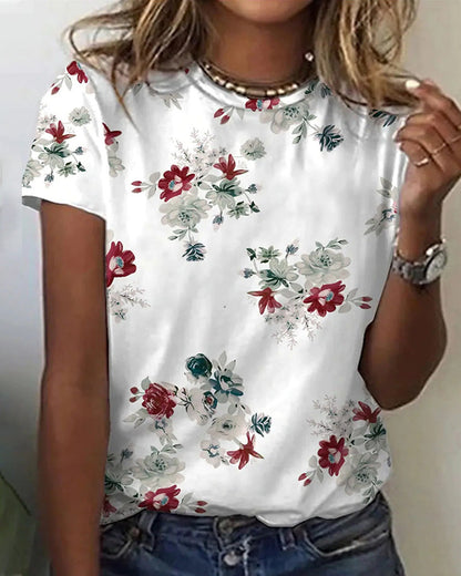 Round neck floral print short sleeve t-shirt White 23BF clothes Short Sleeve Tops Summer T-shirts Tops/Blouses